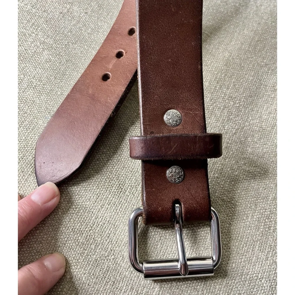 Brown Leather Jean Belt Sz 44 Chrome Roller Buckle Rugged Metal Chicago Screws